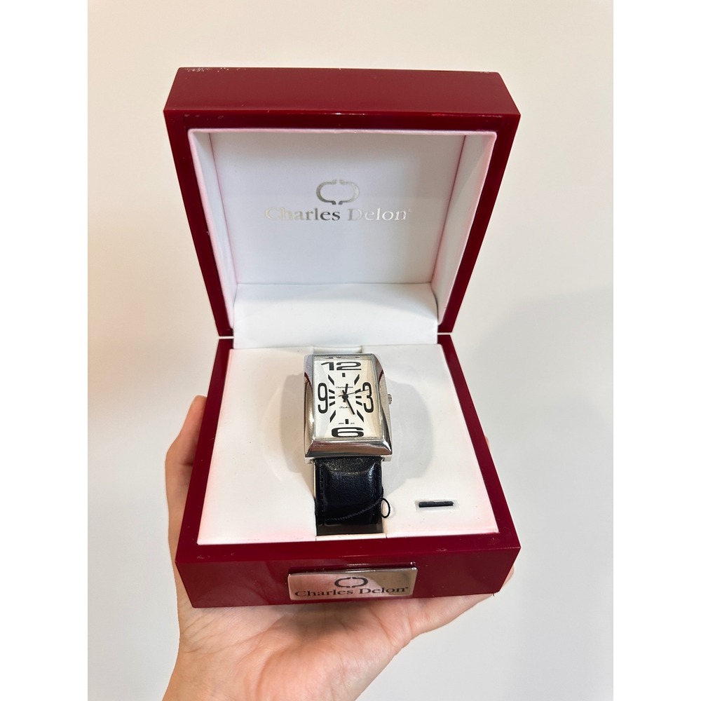 Charles Delon Vintage Watch Rectangular Silver Case Black Leather Strap 2829